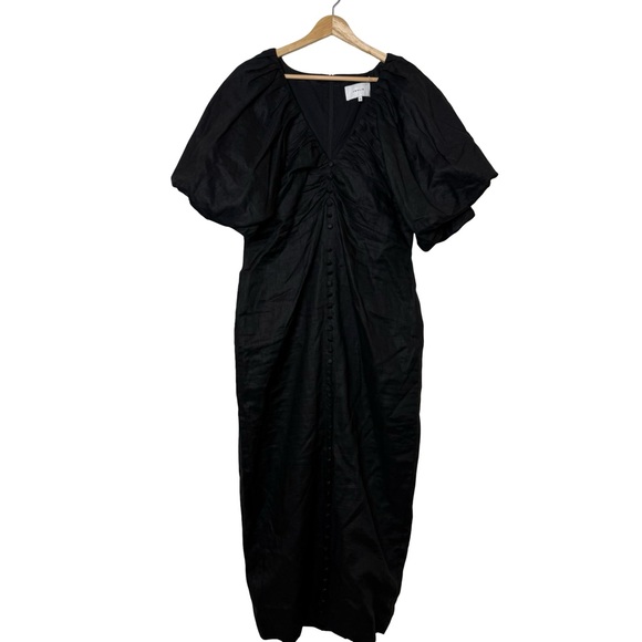 JOSLIN 100% Linen Puff Sleeve Gather Waist Button Front V-Neck Maxi Dress black - Picture 1 of 16